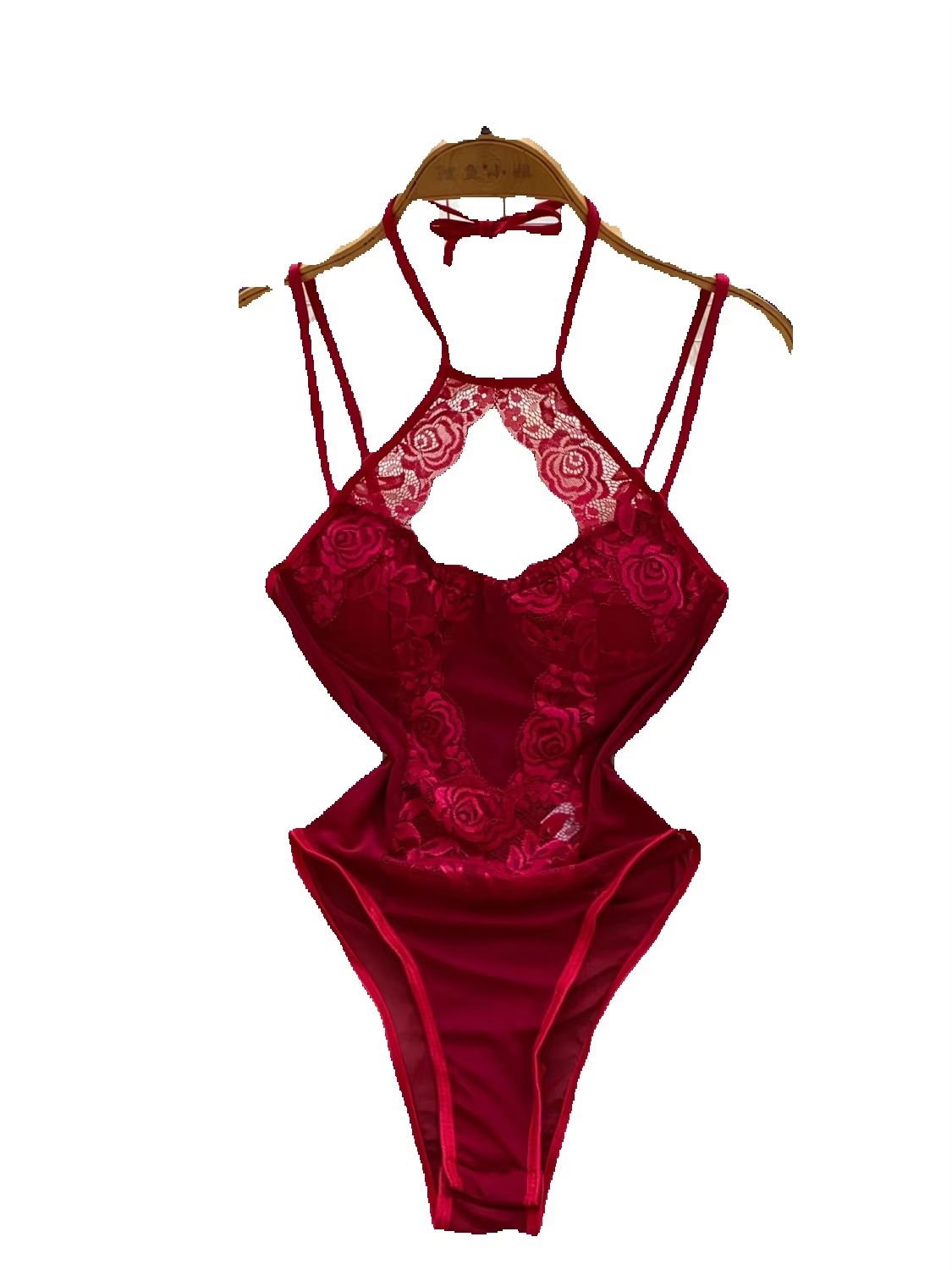 Lace Teddy Lingerie - Foamlina Seksi Kadın Halter Dantel Bodysuit